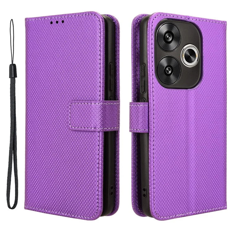 For Xiaomi Redmi Turbo 3 5G / Poco F6 5G Case Diamond Texture Foldable Stand Phone Cover with Hand Strap