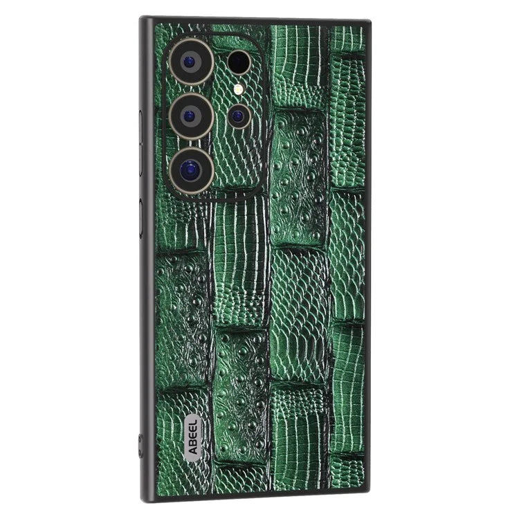 ABEEL For Samsung Galaxy S24 Ultra Case Mahjong Texture Genuine Cow Leather Shockproof Back Cover