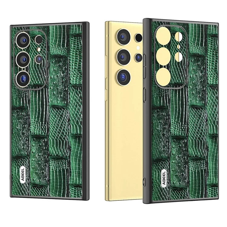 ABEEL For Samsung Galaxy S24 Ultra Case Mahjong Texture Genuine Cow Leather Shockproof Back Cover