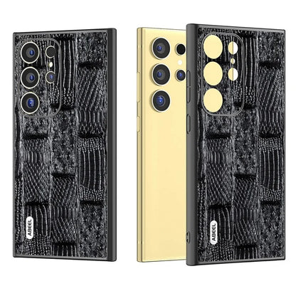 ABEEL For Samsung Galaxy S24 Ultra Case Mahjong Texture Genuine Cow Leather Shockproof Back Cover