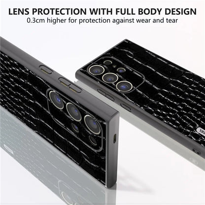 ABEEL For Samsung Galaxy S24 Ultra Case Crocodile Texture Genuine Cow Leather+PC+TPU Anti-Drop Phone Cover