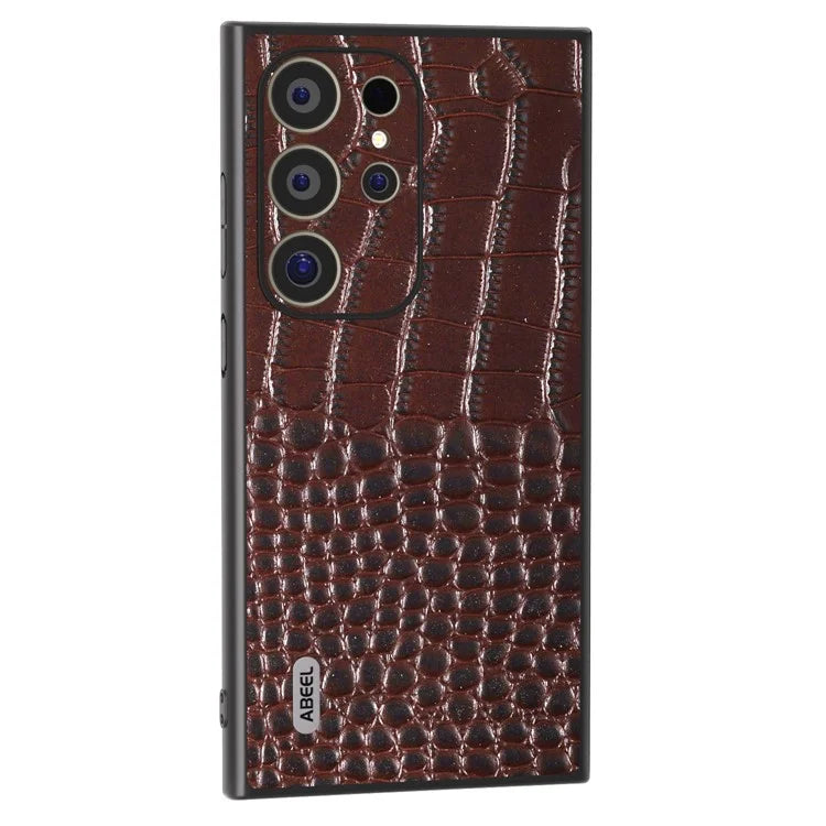 ABEEL For Samsung Galaxy S24 Ultra Case Crocodile Texture Genuine Cow Leather+PC+TPU Anti-Drop Phone Cover