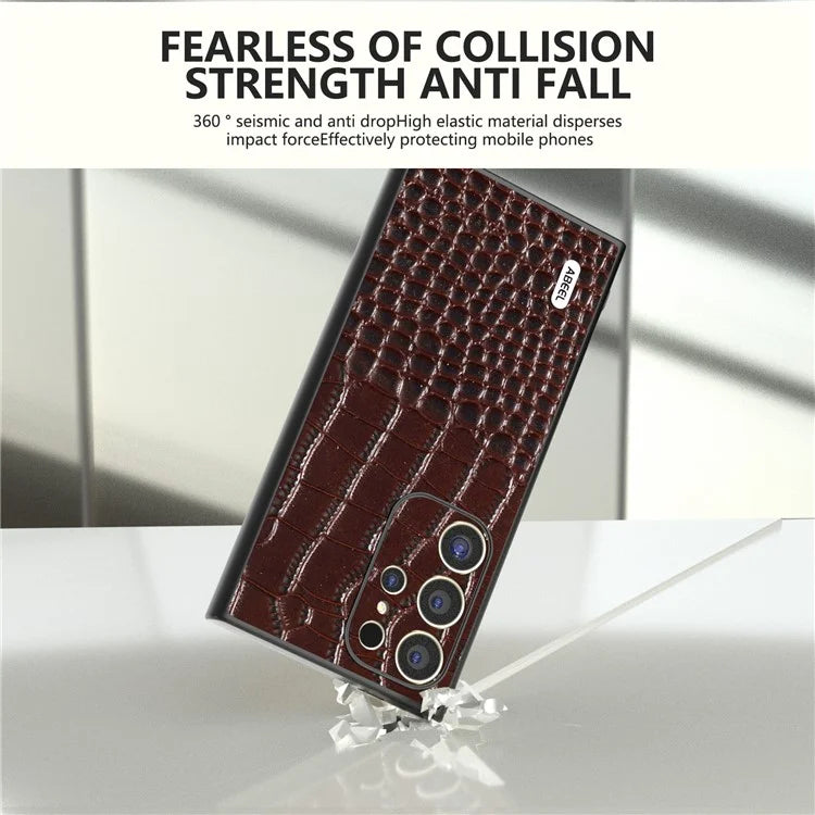 ABEEL For Samsung Galaxy S24 Ultra Case Crocodile Texture Genuine Cow Leather+PC+TPU Anti-Drop Phone Cover