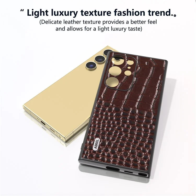 ABEEL For Samsung Galaxy S24 Ultra Case Crocodile Texture Genuine Cow Leather+PC+TPU Anti-Drop Phone Cover