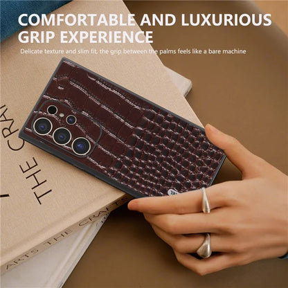 ABEEL For Samsung Galaxy S24 Ultra Case Crocodile Texture Genuine Cow Leather+PC+TPU Anti-Drop Phone Cover