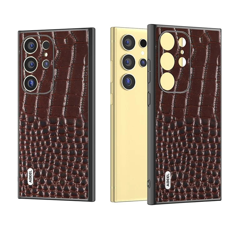 ABEEL For Samsung Galaxy S24 Ultra Case Crocodile Texture Genuine Cow Leather+PC+TPU Anti-Drop Phone Cover