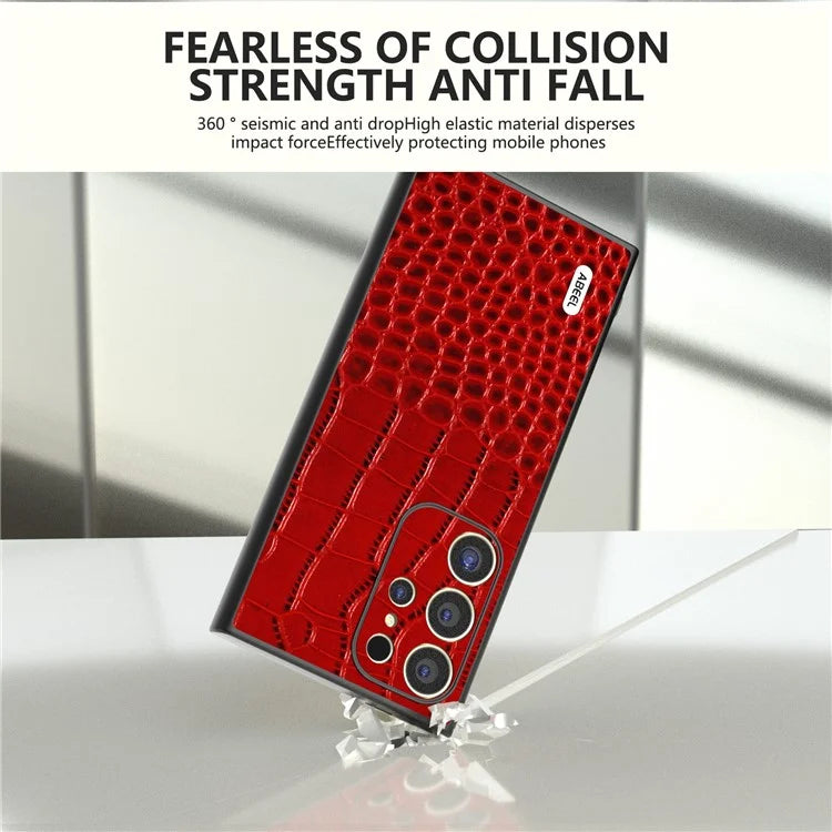 ABEEL For Samsung Galaxy S24 Ultra Case Crocodile Texture Genuine Cow Leather+PC+TPU Anti-Drop Phone Cover
