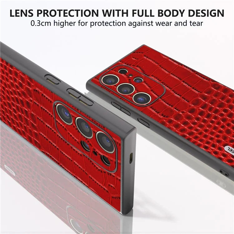 ABEEL For Samsung Galaxy S24 Ultra Case Crocodile Texture Genuine Cow Leather+PC+TPU Anti-Drop Phone Cover