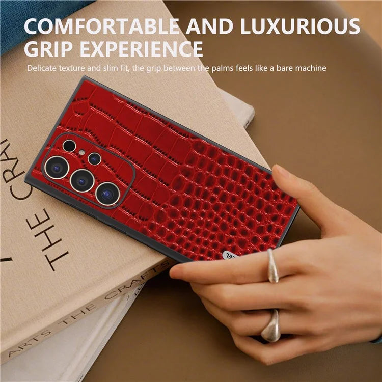 ABEEL For Samsung Galaxy S24 Ultra Case Crocodile Texture Genuine Cow Leather+PC+TPU Anti-Drop Phone Cover