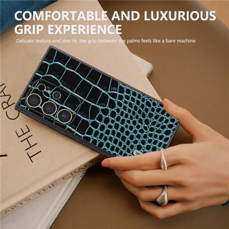 ABEEL For Samsung Galaxy S24 Ultra Case Crocodile Texture Genuine Cow Leather+PC+TPU Anti-Drop Phone Cover