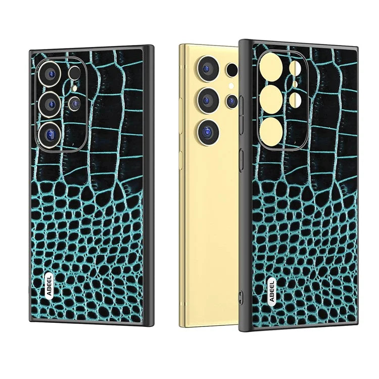 ABEEL For Samsung Galaxy S24 Ultra Case Crocodile Texture Genuine Cow Leather+PC+TPU Anti-Drop Phone Cover