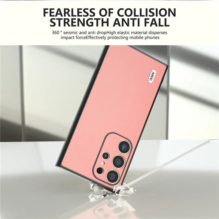 ABEEL For Samsung Galaxy S24 Ultra Case Textured Genuine Cow Leather Anti-Fingerprint Protective Cover