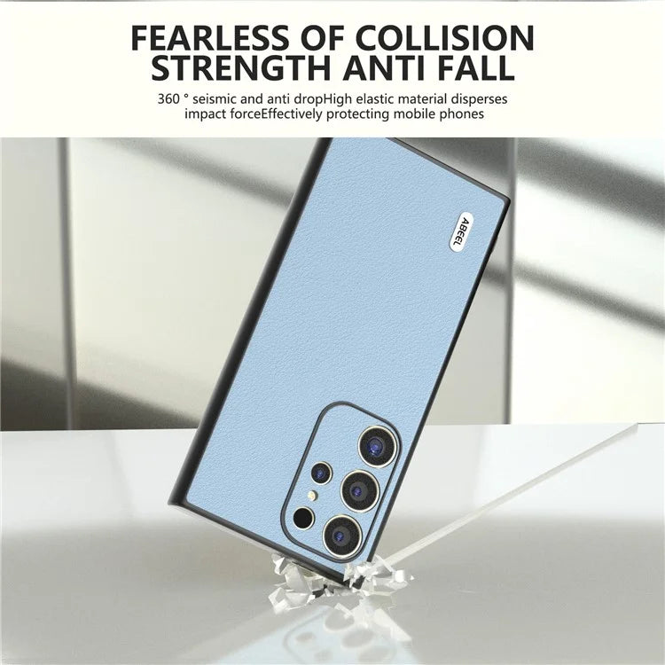 ABEEL For Samsung Galaxy S24 Ultra Case Textured Genuine Cow Leather Anti-Fingerprint Protective Cover