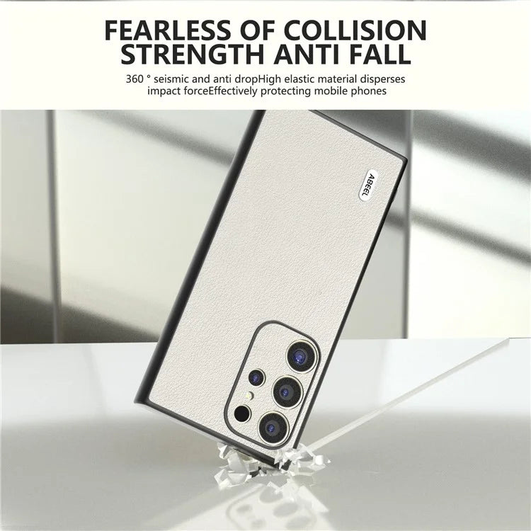 ABEEL For Samsung Galaxy S24 Ultra Case Textured Genuine Cow Leather Anti-Fingerprint Protective Cover