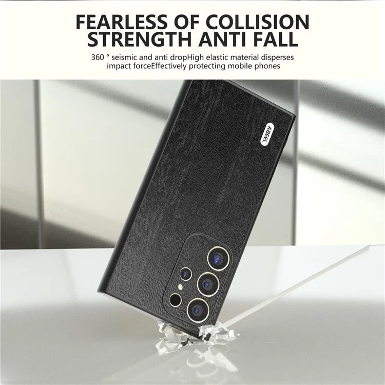 ABEEL For Samsung Galaxy S24 Ultra Case Wood Texture Leather Coated PC+TPU Hybrid Cover