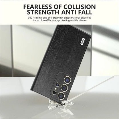ABEEL For Samsung Galaxy S24 Ultra Case Wood Texture Leather Coated PC+TPU Hybrid Cover