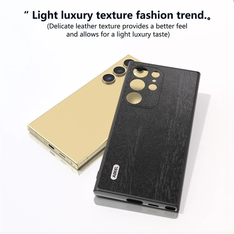ABEEL For Samsung Galaxy S24 Ultra Case Wood Texture Leather Coated PC+TPU Hybrid Cover