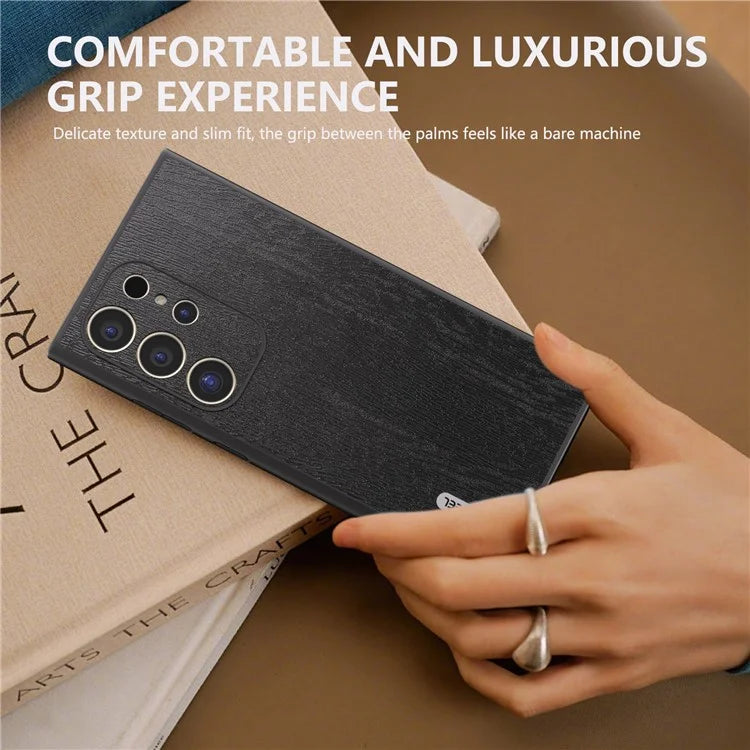 ABEEL For Samsung Galaxy S24 Ultra Case Wood Texture Leather Coated PC+TPU Hybrid Cover