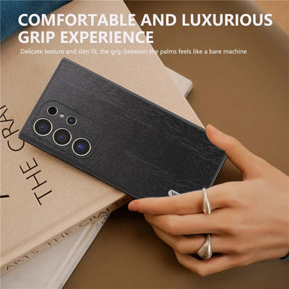 ABEEL For Samsung Galaxy S24 Ultra Case Wood Texture Leather Coated PC+TPU Hybrid Cover