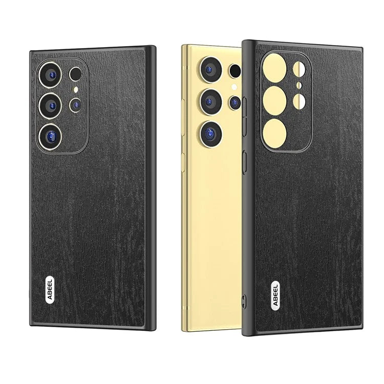 ABEEL For Samsung Galaxy S24 Ultra Case Wood Texture Leather Coated PC+TPU Hybrid Cover