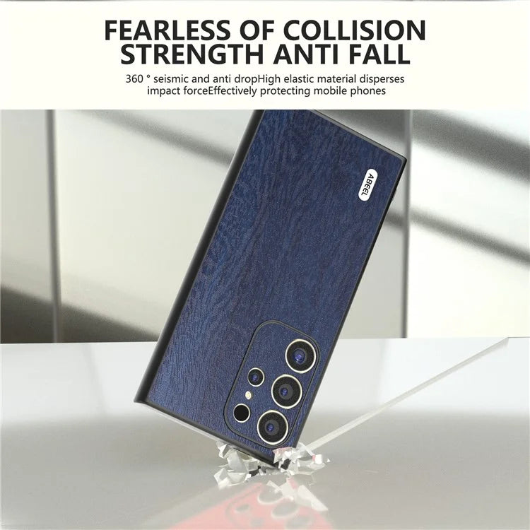 ABEEL For Samsung Galaxy S24 Ultra Case Wood Texture Leather Coated PC+TPU Hybrid Cover