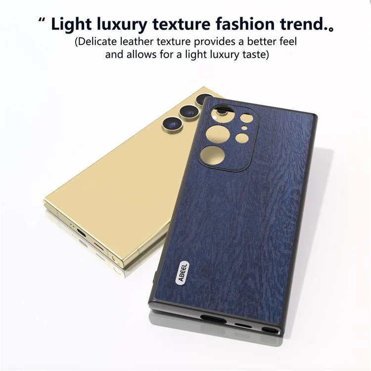ABEEL For Samsung Galaxy S24 Ultra Case Wood Texture Leather Coated PC+TPU Hybrid Cover