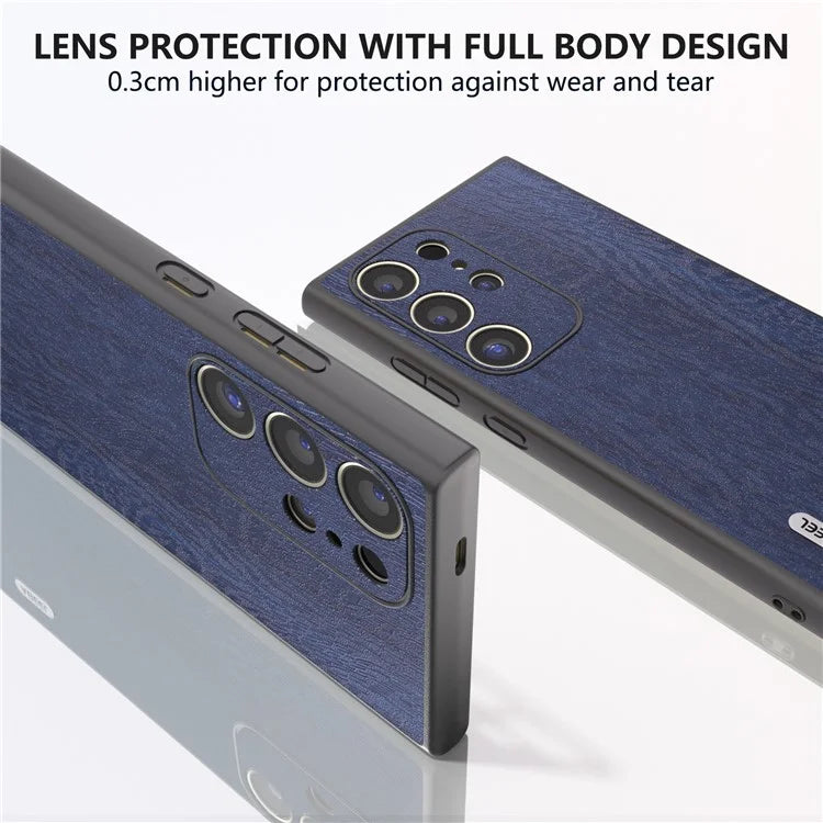 ABEEL For Samsung Galaxy S24 Ultra Case Wood Texture Leather Coated PC+TPU Hybrid Cover
