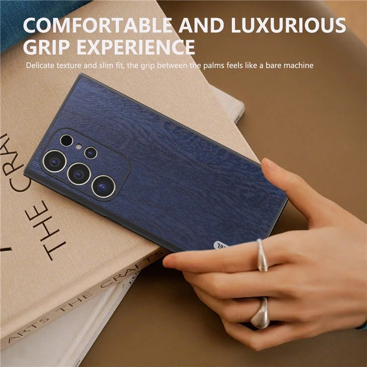 ABEEL For Samsung Galaxy S24 Ultra Case Wood Texture Leather Coated PC+TPU Hybrid Cover