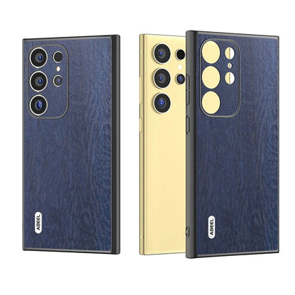 ABEEL For Samsung Galaxy S24 Ultra Case Wood Texture Leather Coated PC+TPU Hybrid Cover