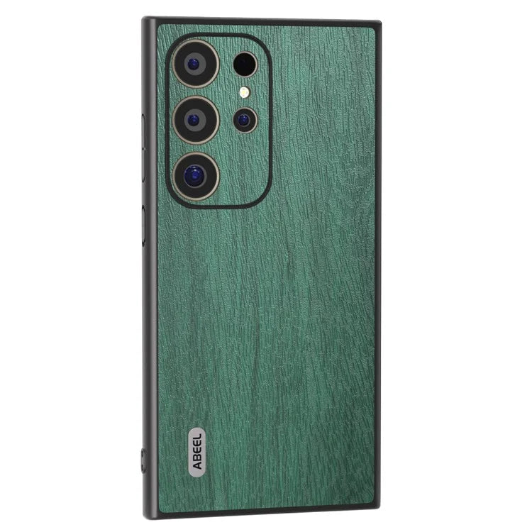 ABEEL For Samsung Galaxy S24 Ultra Case Wood Texture Leather Coated PC+TPU Hybrid Cover