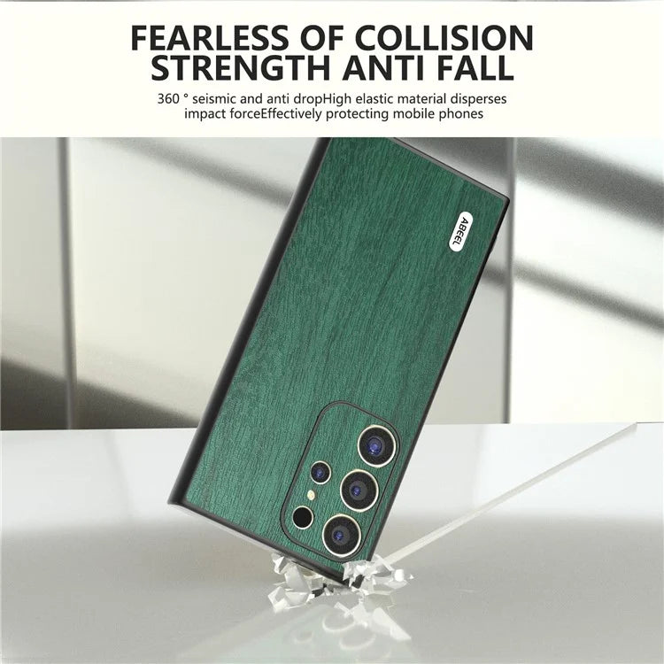 ABEEL For Samsung Galaxy S24 Ultra Case Wood Texture Leather Coated PC+TPU Hybrid Cover
