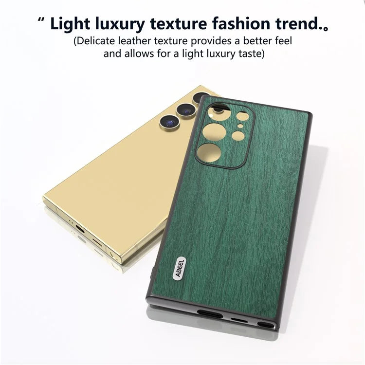 ABEEL For Samsung Galaxy S24 Ultra Case Wood Texture Leather Coated PC+TPU Hybrid Cover
