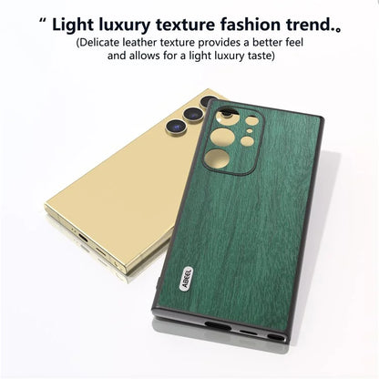 ABEEL For Samsung Galaxy S24 Ultra Case Wood Texture Leather Coated PC+TPU Hybrid Cover
