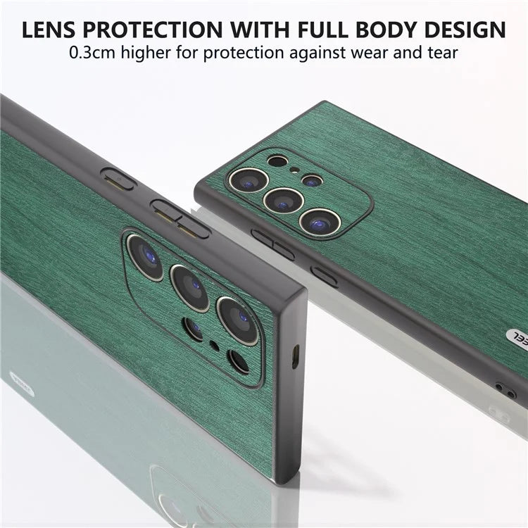ABEEL For Samsung Galaxy S24 Ultra Case Wood Texture Leather Coated PC+TPU Hybrid Cover
