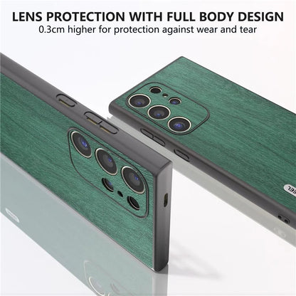 ABEEL For Samsung Galaxy S24 Ultra Case Wood Texture Leather Coated PC+TPU Hybrid Cover