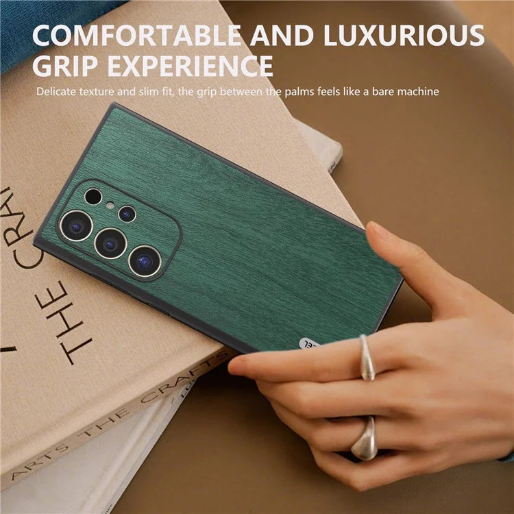 ABEEL For Samsung Galaxy S24 Ultra Case Wood Texture Leather Coated PC+TPU Hybrid Cover