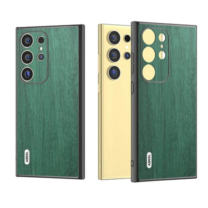 ABEEL For Samsung Galaxy S24 Ultra Case Wood Texture Leather Coated PC+TPU Hybrid Cover