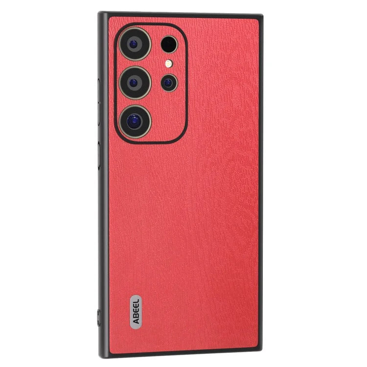 ABEEL For Samsung Galaxy S24 Ultra Case Wood Texture Leather Coated PC+TPU Hybrid Cover
