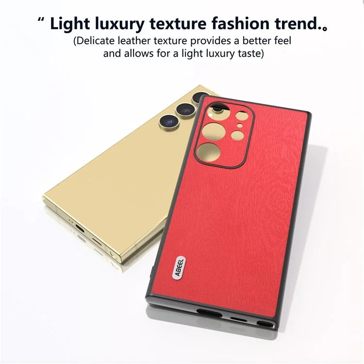ABEEL For Samsung Galaxy S24 Ultra Case Wood Texture Leather Coated PC+TPU Hybrid Cover