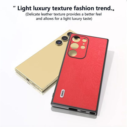 ABEEL For Samsung Galaxy S24 Ultra Case Wood Texture Leather Coated PC+TPU Hybrid Cover