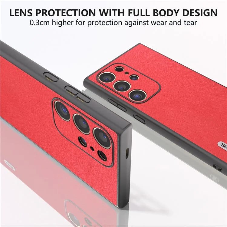 ABEEL For Samsung Galaxy S24 Ultra Case Wood Texture Leather Coated PC+TPU Hybrid Cover