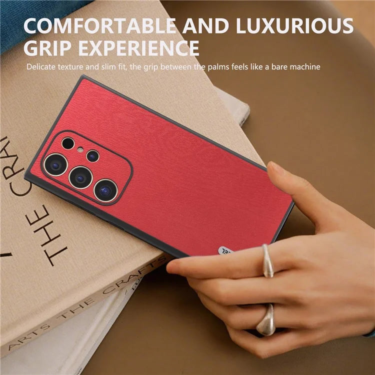 ABEEL For Samsung Galaxy S24 Ultra Case Wood Texture Leather Coated PC+TPU Hybrid Cover