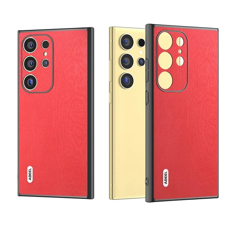 ABEEL For Samsung Galaxy S24 Ultra Case Wood Texture Leather Coated PC+TPU Hybrid Cover