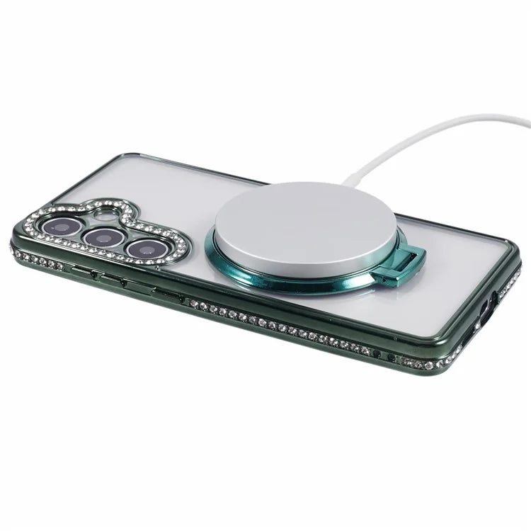 For Samsung Galaxy S24+ Case TPU Rhinestones Decor Phone Cover with Ring Kickstand