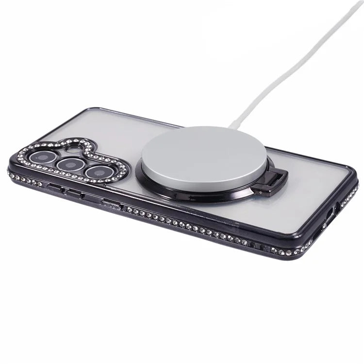 For Samsung Galaxy S24+ Case TPU Rhinestones Decor Phone Cover with Ring Kickstand