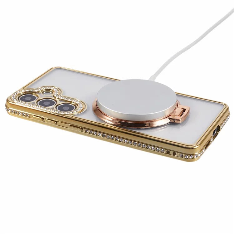 For Samsung Galaxy S24+ Case TPU Rhinestones Decor Phone Cover with Ring Kickstand