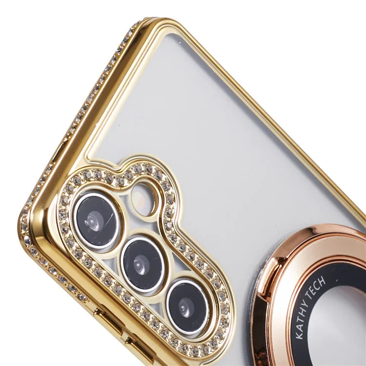 For Samsung Galaxy S24+ Case TPU Rhinestones Decor Phone Cover with Ring Kickstand