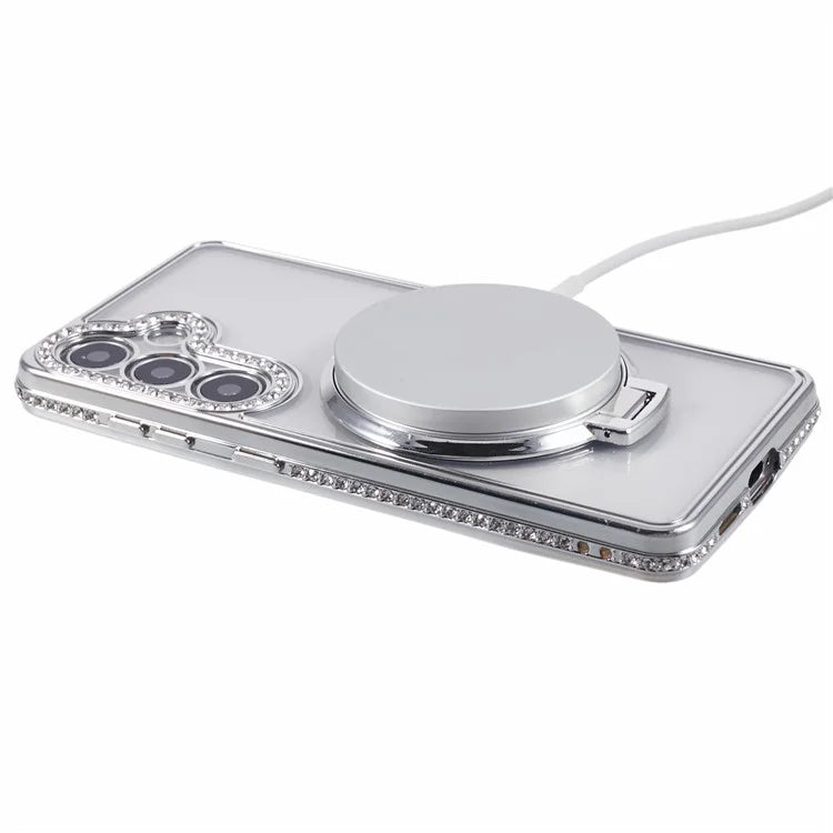 For Samsung Galaxy S24+ Case TPU Rhinestones Decor Phone Cover with Ring Kickstand