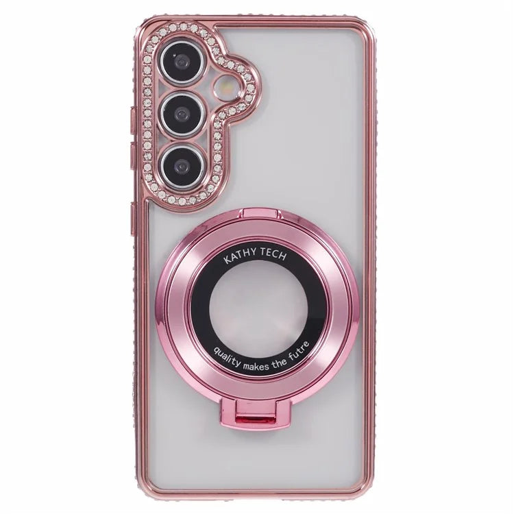 For Samsung Galaxy S24+ Case TPU Rhinestones Decor Phone Cover with Ring Kickstand