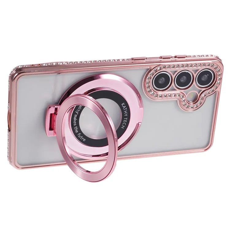 For Samsung Galaxy S24+ Case TPU Rhinestones Decor Phone Cover with Ring Kickstand
